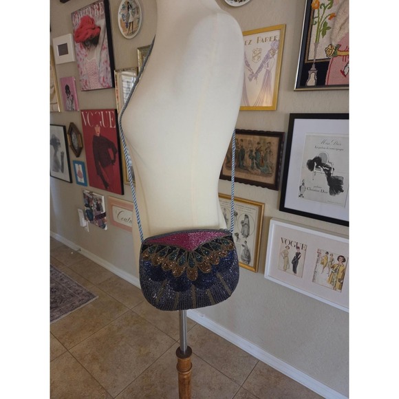 Vintage Beaded Peacock Feather Clutch Evening‎ Bag Purse Blue Pink Gold